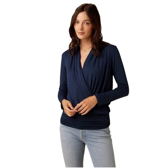 Amour Vert Tops - AMOUR VERT Navy Blue Angela Soft Micro Modal Draped Faux Wrap Jersey Top Smalll